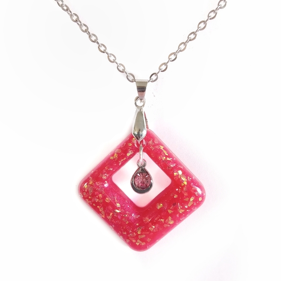 Handmade Jewelry - Deep pink faux opal diamond shaped pendant cz charm on 20" silver necklace new